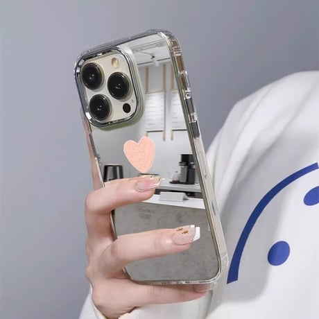 インスタ人気 鏡iPhone16pro/16plusケース be happyピンクハート柄 iPhone15promax/14/SEカバー 頑丈 メイク直しに便利[M5452]