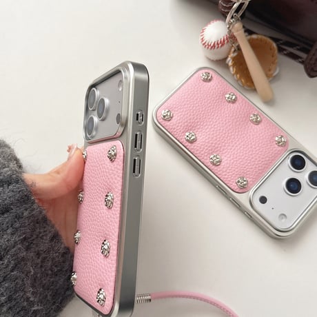 金属ツバキ花 iPhone17/17proケース 高級感 レザー iPhone17promax/16/15Proカバー ストラップ 秋冬ファッション[M5802]