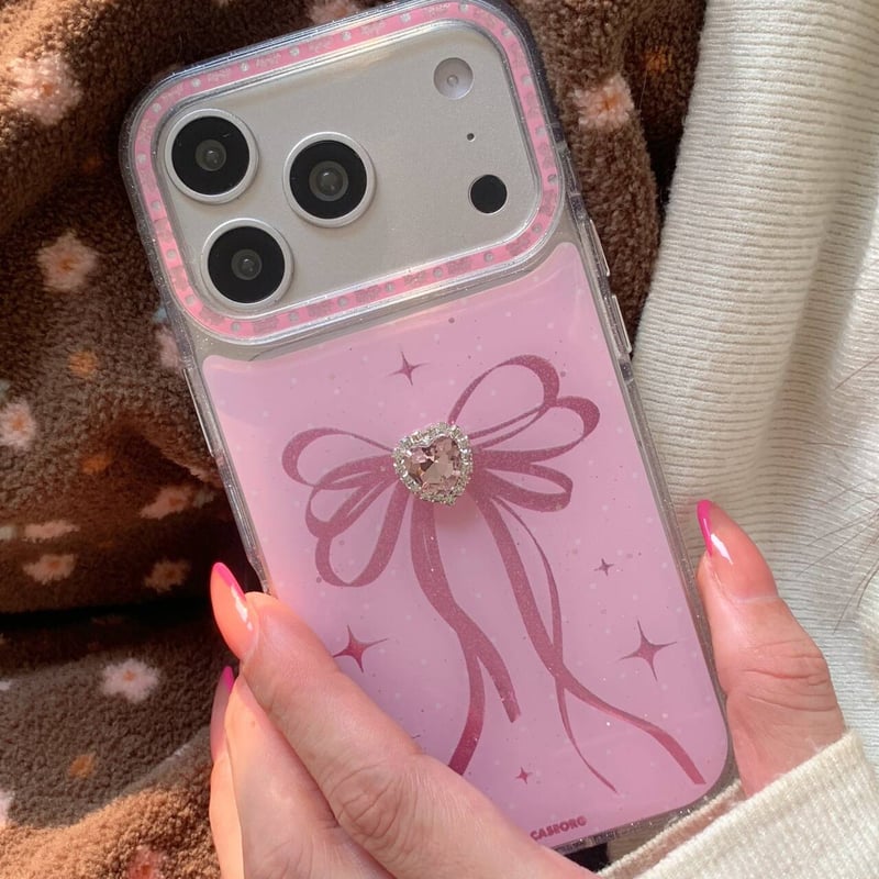 ピンクハートダイヤ iPhone17Pro/17ケース リボン柄 iPhone17Promax
