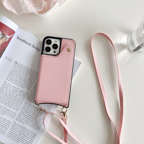 カード入れ2個 ミラー付iphone14/13proケース レザー製 アイフォン12mini/11カバー 長いストラップ付 スタンド機能あり[M2146]
