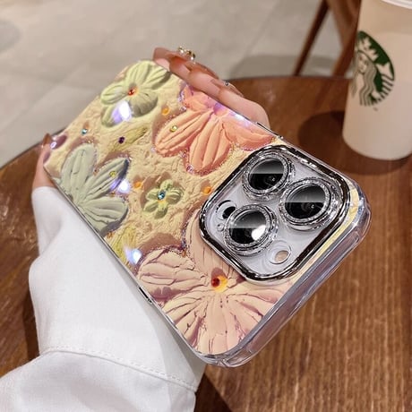 かわいい iPhone16/15pro/15promaxケース 花柄 レンズ保護 キラキラ光る 綺麗iphone14/13/12proカバー [M3533]