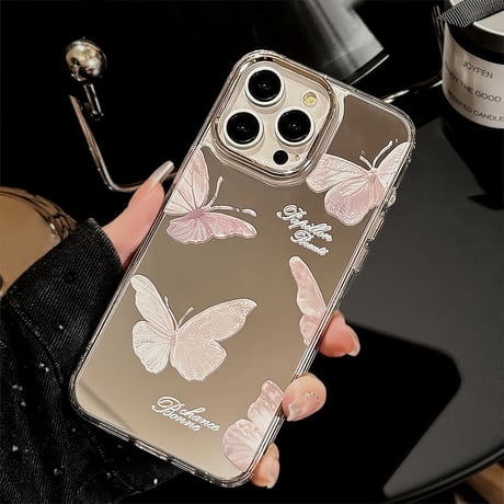 蝶柄鏡 iPhone15/15proケース チョウアクセサリー付 iPhone14/13pro/12ケース かわいい 便利 頑丈[M4154]