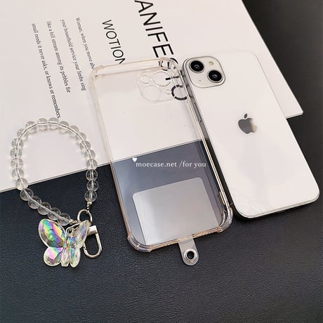 四角耐衝撃加工 透明iPhone15/14Proケース キラキラ蝶ストラップ付 iPhone13mini/12/11proクリアカバー 落下防止 シンプル オシャレ 便利[M2667]