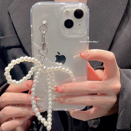真珠リボン iPhone15/15Proケース 可愛いクリア黄ばまない iPhone14Pro/13/12カバー 女子力アップ ギフトにおすすめ [M3812]