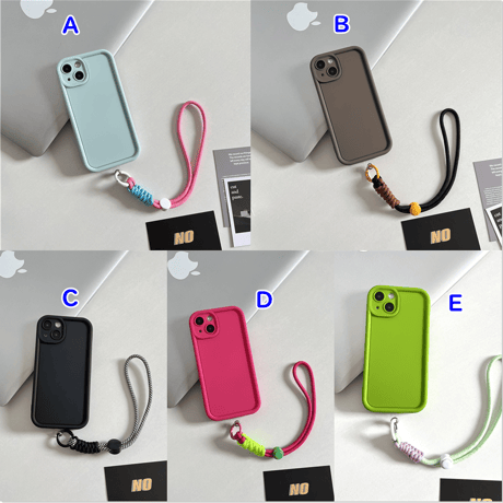 ストラップ付 無地iPhone15/14ケース シンプル風 アイフォン13/12/11proカバー 落下防止 紐取り外し可[M3414]