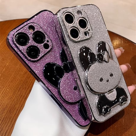 ウサギ鏡兼スタンド iPhone16/16Proケース  キラキラ iPhone15pro/14/13Proカバー 可愛い 多機能 耐衝撃[M4929]