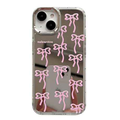リボン ミラーiPhone16/15proケース 頑丈 可愛いiphone14/13/12proカバー 女子力アップ 便利[M4087]