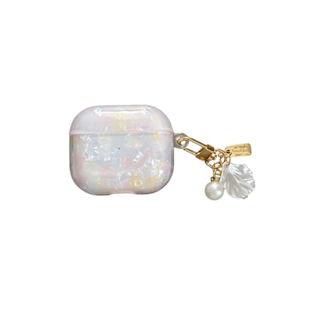 ピンクシェル調 Airpods4ケース パールキーチェーン付 AirpodsPro2ケース airpods3/2カバー  かわいい 女子力高い 美しい [M5377]