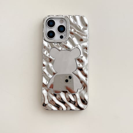 熊ミラー iPhone16pro/16カバー 艶感 iPhone15promax/14/13ケース ストーン シック おしゃれ [M5497]
