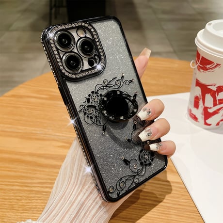 ジュエリー リング付 iPhone15/15proケース  薔薇柄  キラキラiphone13/12/14proカバー きれい 高機能 [M3846]