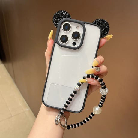 ダイヤ耳付 iPhone16Pro/17ケース キラキラストラップ付 iPhone15promax/14pro/13カバー 透明 可愛すぎ[M5619]