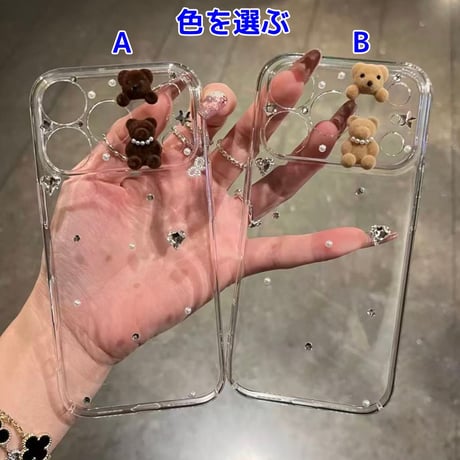 ダイヤと熊デコ iPhone17/17Proケース クリア iPhone17ProMax/16/15シリーズカバー 可愛い ハンドメイド ギフトにおすすめ [M5775]