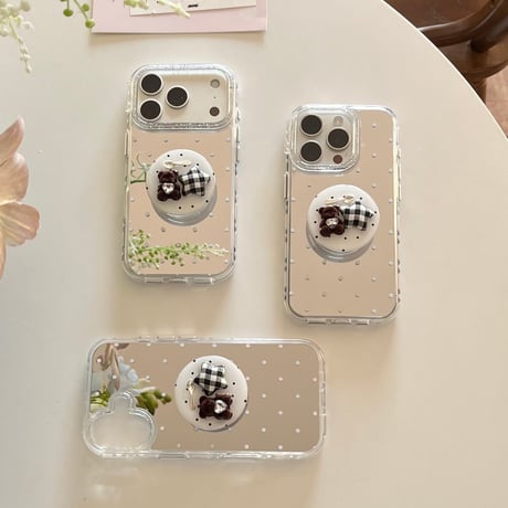 水玉模様ミラー iPhone17pro/17ケース 熊グリップ iPhone16/15promax/14ケース かわいい 多機能便利[M6352]