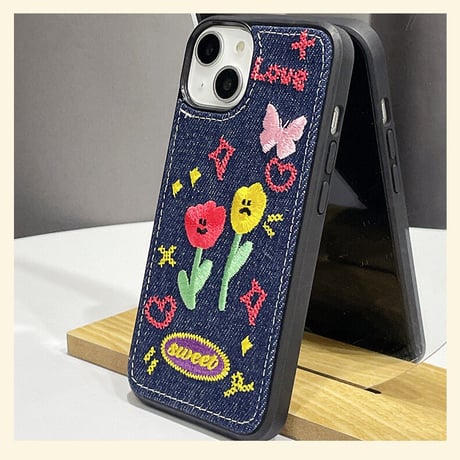 デニム 草花柄 アイフォン14plus/14proケース  刺繡  iphone13/12/11カバー  高品質  高級感 ガールズに人気 [M2248]