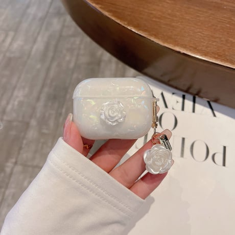 【Airpods4】ツバキの花  Airpods Pro2ケース 貝殻紋  airpods3カバー  アクセサリー付き  お洒落 ガールズに人気 [M2521]