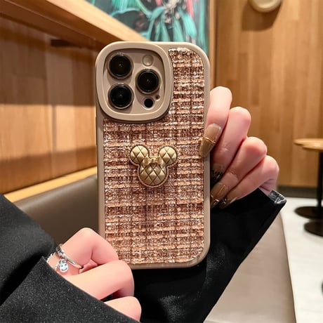 オシャレ iPhone14/14proケース  リボン 真珠ストラップ付アイフォン13/12/11proケース セレブ愛用 ツイード生地 実用 可愛い [M2408]