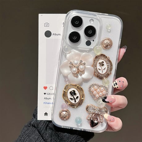 春夏 iPhone16pro/16 パール花 豪華 iPhone15pro/14/13カバー おしゃれ 可愛い ガーリーファッション [M5126]