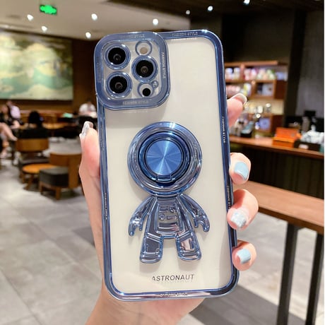 宇宙飛行士リング付 iPhone15/14proケース メッキクリアアイフォン13/12/11proカバー スタンド 便利 艶あり セレブ愛用 [M2637]