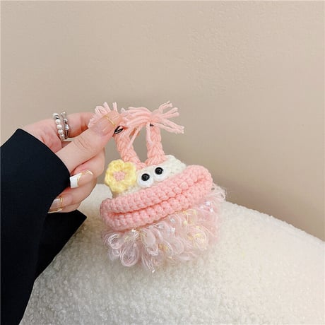 ピンク大きい口モンスター airpods4/3/proケース  花付き ふもふも airpodsカバー   可愛い 柔らかい 温かい キュート[M2227]