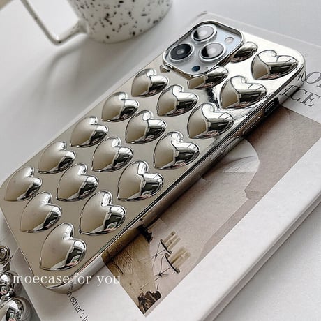 シルバー ハート iphone14/14proケース ストラップ付 アイフォン13pro/12promaxカバー  高級感 クール ギフトにおすすめ[M2341]