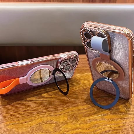 リングスタンド付鏡 iPhone16/16Proケース  ダイヤデコ iPhone15/14Pro/13カバー 大人可愛い キラキララメ[M5027]