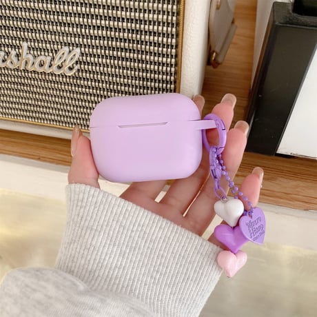 ラベンダー色 Airpods４ケース 充電口カバー付 Airpods3/pro2カバー ハートキーチェーン付 シリコン 丈夫[M5198]
