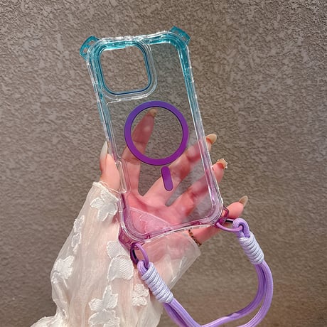 ストラップ付耐衝撃 iPhone16pro/16promaxケース Magsafe充電 iPhone15pro/14promax/13カバー 黄ばまない [M5509]