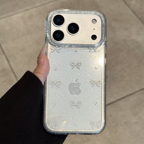 ラメリボン iPhone17/17Proケース キラキラ 透明 アイフォン16ProMax/15Pro/14カバー  ガールズファッション 可愛い[M5910]