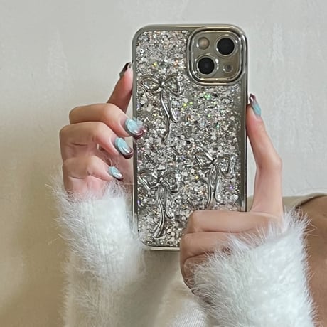 リボン iPhone15/15proケース キラキラグリッター入り iPhone14/13pro/12ケース 女子力アップ シルバー[M3891]