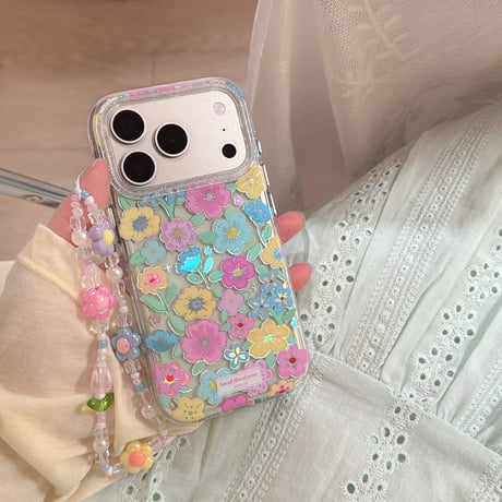 カラー花 iPhone17pro/17ケース キラキラ感 iPhone16promax/15proケース 花ストラップ 女子力高い[M6214]