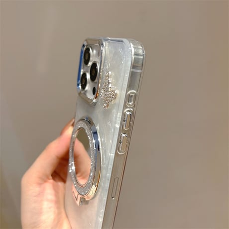 鏡リングスタンド iPhone17/17proケース ジュエリー蝶シェル風 iPhone16pro/15/14proカバー オシャレストラップ 多機能 [M5603]