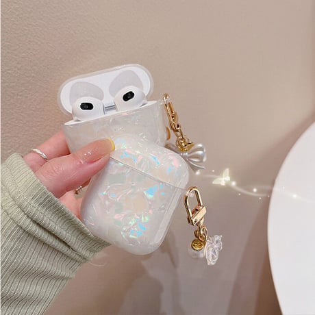 【Airpods4】キラキラ貝殻紋 airpods第3世代ケース  真珠リボン/花アクセサリー付  エアーポッズpro2/Pro1カバー  オシャレ 高級感カラー[M1993]