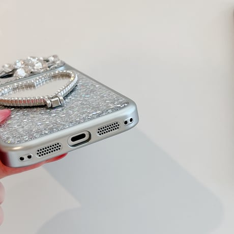ハート型ミラーリングスタンド iPhone17Pro/17ケース ダイヤデコ iPhone16Pro/15/14ケース キラキラ感 可愛い 美しい[M6267]