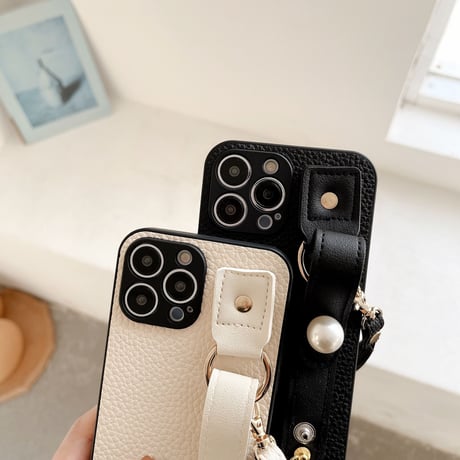 真珠ベルトとストラップ付 アイフォン14pro/14plusカバー  カメラカバー iphoneSE3/13/12/11proカバー 高品質 実用[M2442]