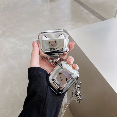 銀色bear airpodsproケース  クマキーホルダー付  airpodsカバー   首掛け チェーン付き 高品質ソフトケース 金属ツヤ感あり キラキラ  M566