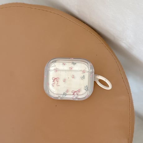 リボン柄 Airpods Pro3ケース 淡色系蝶柄 Airpods 4/3カバー AirpodsPro2/1  リング付き 春コーデ [M6126]