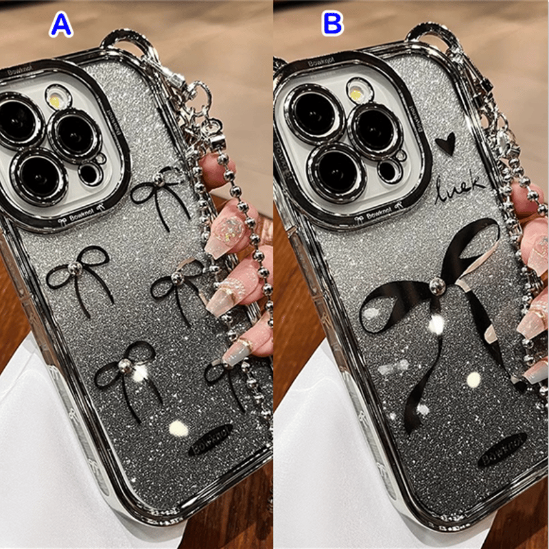 耳付 リボン柄 iPhone15Pro/15カバー キラキラインナーシート付 透明