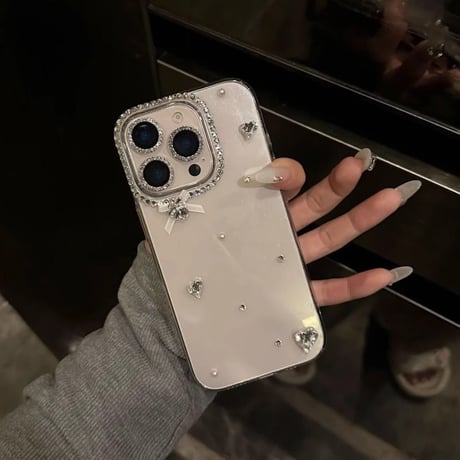 ハートダイヤ/ジュエリー iPhone16pro/16ケース リボン ハンドメイド iPhone15plus/14/13pro/12カバー 大人可愛い[M5244]