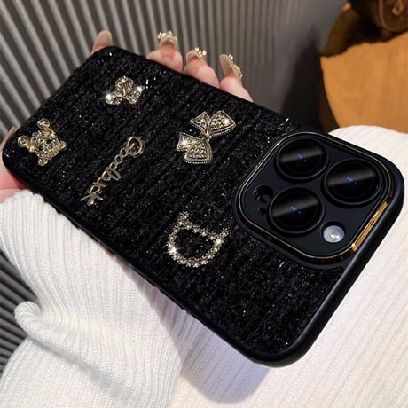 布地 iPhone16/15plusケース  放熱仕様 iPhone14/13proソフトケース カメラ保護 リボン熊ちゃんデコ 秋冬人気[M3618]