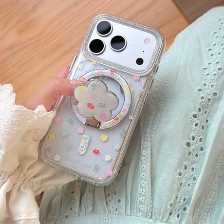 花リングスタンド iPhone17Pro/17ケース MagSafe対応 iPhone16Pro/15/14ケース かわいい キラキラ感 春夏コーデ[M6259]