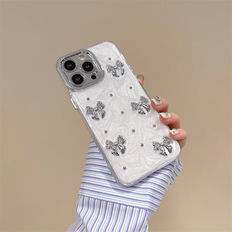 リボン iPhone15/15pro/15plusカバー ホワイト iPhone14/13pro/12ケース お洒落 可愛い[M4551]