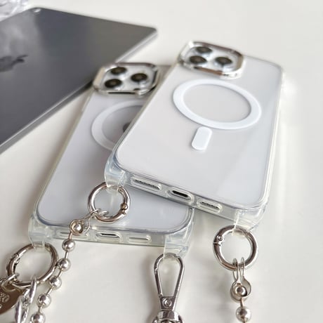 ストラップ付 MagSafe対応iPhone15/15proケース 黄ばまないクリアiPhone14pro/13/12カバー シンプル風 高級感[M4062]