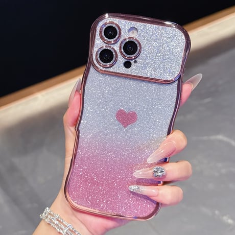ハート柄 iPhone17/17Proケース キラキラレンズフイルム付 ラメ iPhone17ProMax/Air/16ケース ウェーブデザイン 落下防止[M5822]