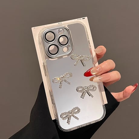 ジュエリーリボン iPhone17pro/16ケース メイク鏡 iPhone15pro/14/13promaxケース ダイヤストラップ 豪華 おしゃれ ギフトにおすすめ [M5034]