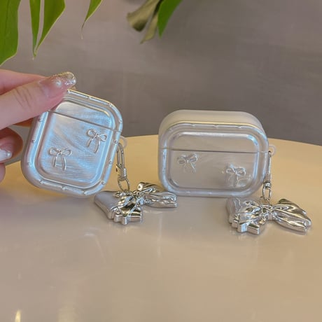 リボン Airpods 4ケース キーチェーン付 AirpodsPro2/Pro1 Airpods3/2カバー シルバー高級感 耐久性ある[M4797]