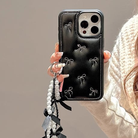 刺繡リボン iPhone16/16Proケース レザー パールストラップ アイフォン15プロ/14/13proカバー 可愛い トレンドファッション [M4996]