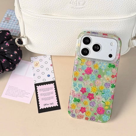 キラキラ花柄 iPhone17Pro/17ケース きれい iPhone17Promax/16Pro/15ケース かわいい 光沢感 春夏コーデ[M6197]