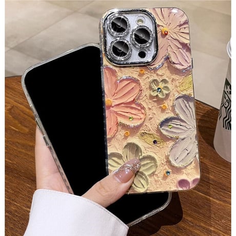 かわいい iPhone16/15pro/15promaxケース 花柄 レンズ保護 キラキラ光る 綺麗iphone14/13/12proカバー [M3533]