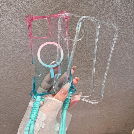 ストラップ付耐衝撃 iPhone16pro/16promaxケース Magsafe充電 iPhone15pro/14promax/13カバー 黄ばまない [M5509]