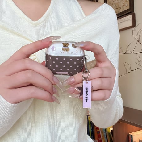 熊ちゃん Airpods Pro3ケース 水玉模様 Airpods4/3カバー pro2/pro1 可愛い リング/キーホルダー付 光沢感[M6035]